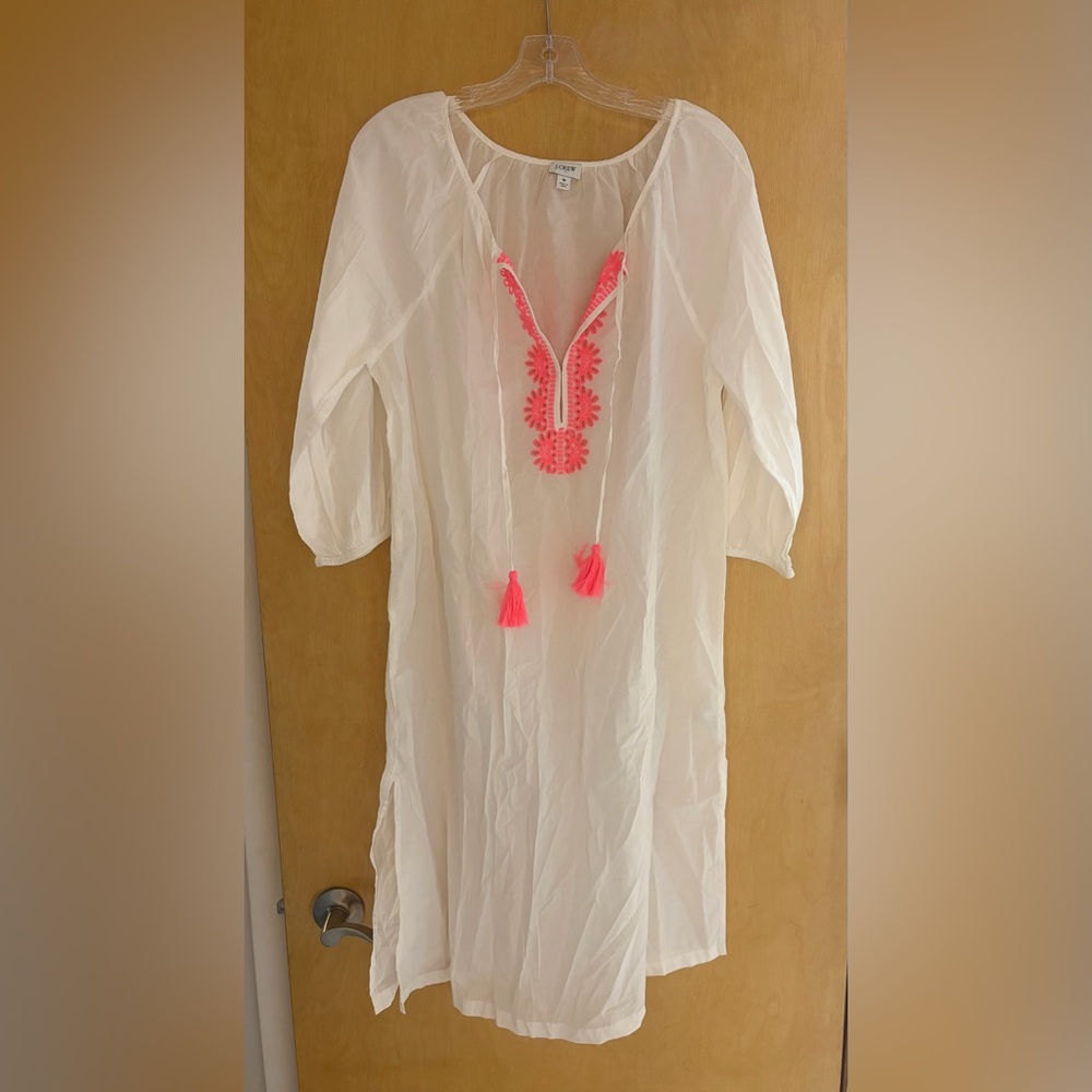 J. Crew White Dress with Neon Pink Embroidery